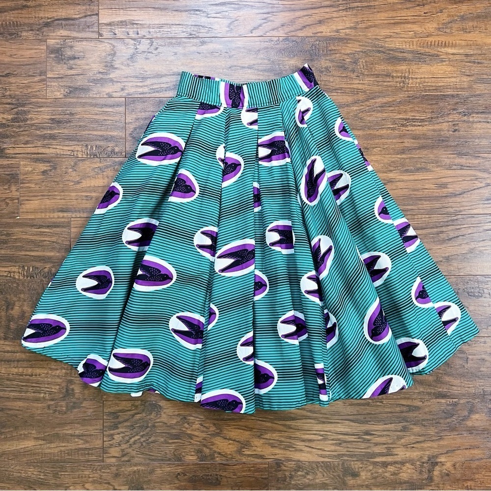 Francis + Benedict • pleated skirt African wax print cotton birds green purple